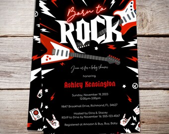 Rock and Roll Baby, Rock Star Invitation, Born to Rock, Guitar Invitation, Boy or Girl Baby Shower, Red and Black, Instant Download