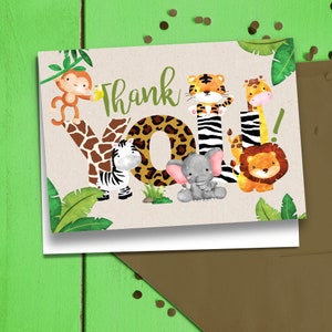 Cartes de remerciement Baby Shower | Jungle Baby Shower Merci Note | Note de remerciement sur le thème Safari | Bébés animaux de la jungle | Merci correspondant