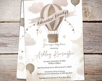 Hot Air Balloon Baby Shower Invite, Adventure Awaits - Neutral Earth tones, Instant Digital Download - DIY - Create today!