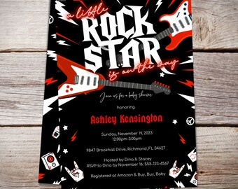 Little Rock Star Baby Shower Invitation, Guitar Invite, Gender Neutral, Red and Black, Instant Download