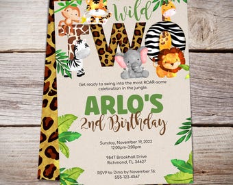 Safari Invitation, Wild Two, Two Wild Birthday Jungle Invitation - 2nd birthday digital invitations