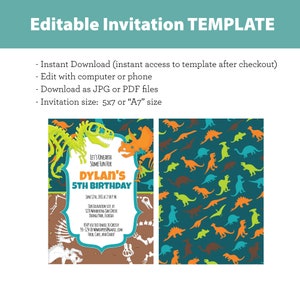 May include: Editable dinosaur-themed birthday party invitation template with a green, orange, and brown color scheme. The invitation features a dinosaur skeleton graphic and the text "Let's Unearth Some Fun for Dylan's 5th Birthday".