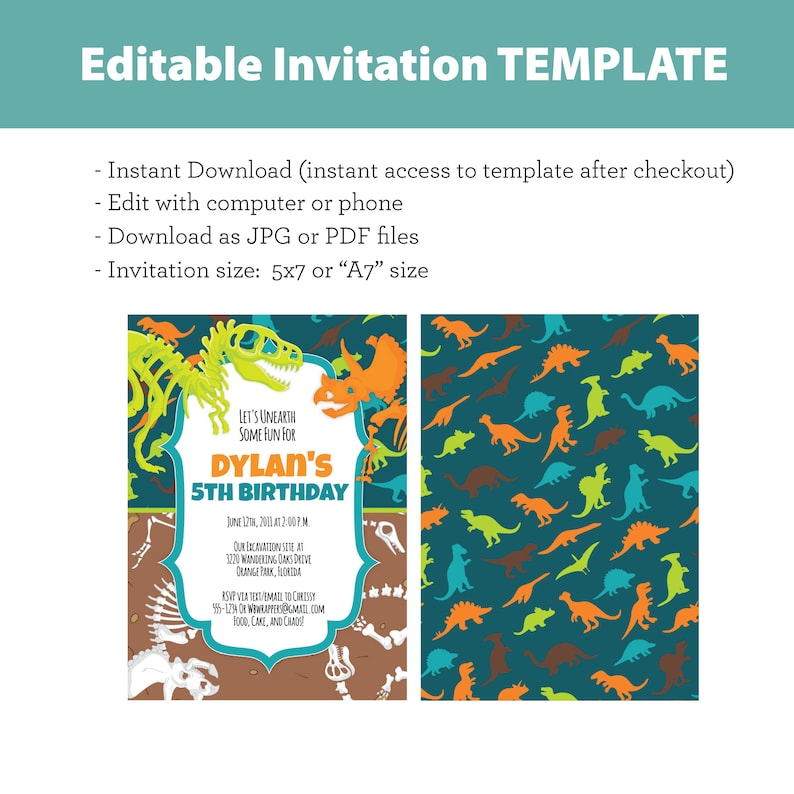 May include: Editable dinosaur-themed birthday party invitation template with a green, orange, and brown color scheme. The invitation features a dinosaur skeleton graphic and the text "Let's Unearth Some Fun for Dylan's 5th Birthday".