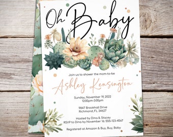 Op de afbeelding: Een babyborrel uitnodiging met een cactus en succulent thema. De uitnodiging heeft een aquarel illustratie van cactussen en succulenten in tinten groen, geel en roze. De tekst "Oh Baby" is geschreven in zwart cursief schrift. De uitnodiging bevat ook de naam "Ashley Kensington", de datum en tijd van de borrel, het adres en de RSVP informatie.