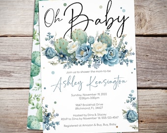 Op de afbeelding: Een babyborrel uitnodiging met een aquarel illustratie van cactussen en blauwe bloemen. De tekst luidt "Oh Baby" en bevat de naam "Ashley Kensington", de datum "zondag 19 november 2022", de tijd "12:00-15:00 uur", het adres "9847 Brookhall Drive, Richmond, FL 34627", en de RSVP informatie.