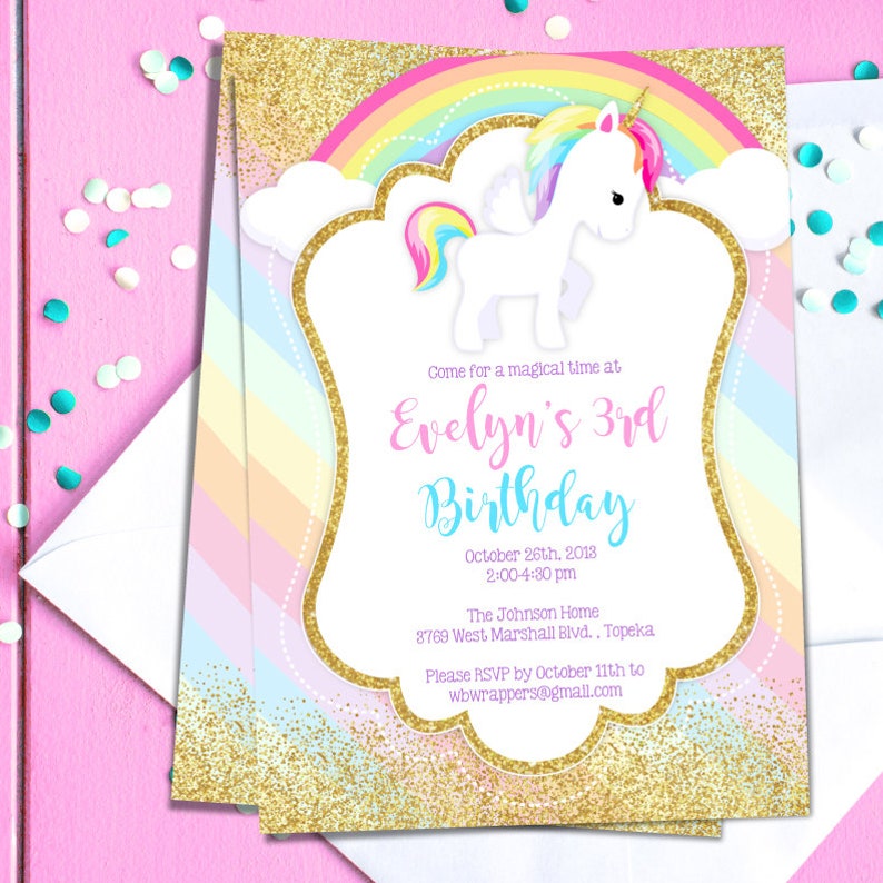unicorn birthday party invitation template pastel rainbow