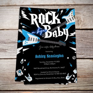 Rock a Bye Baby Shower Invitation, Rock Star, Guitar Invite, Heavy Metal Boy Invite, Blue and Black, Instant Download