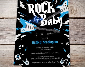 Rock a Bye Baby Shower Invitation, Rock Star, Guitar Invite, Heavy Metal Boy Invite, Blue and Black, Instant Download