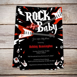 Rock a Bye Baby Shower Invitation, Guitar Invite, Rockstar Gender Neutral Invite, Red and Black, Instant Download
