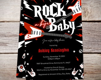 Rock a Bye Baby Shower Invitation, Guitar Invite, Rockstar Gender Neutral Invite, Red and Black, Instant Download
