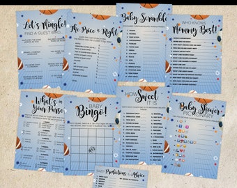 Sports Baby Shower Games - 8 Printable Games + Advice Card - Bingo, The Price is Right, Scramble, What's in Your Purse, Emoji Game & More