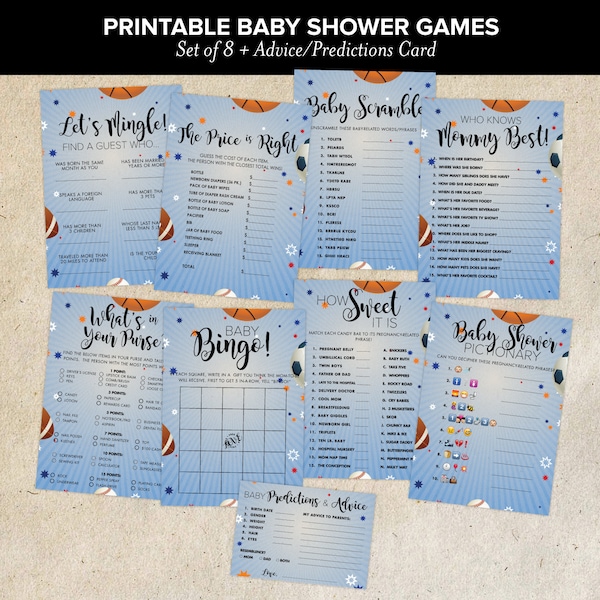 Sports Baby Shower Games - 8 Printable Games + Advice Card - Bingo, The Price is Right, Scramble, What's in Your Purse, Emoji Game & More