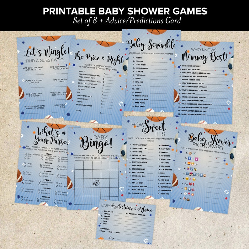 May include: A set of printable baby shower games with a blue and white color scheme. The games include "Let's Mingle", "The Price is Right", "Baby Scramble", "Who Knows Mommy Best", "What's in Your Purse", "Baby Bingo", "How Sweet It Is", and "Baby Shower Pictionary".