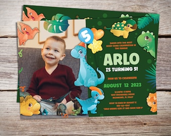 May include: A green and brown dinosaur birthday invitation with a photo of a young boy. The invitation says "Swing into the most roar-some celebration in the jungle. Arlo is turning 5! Join us to celebrate August 12, 2023, 12:00PM-3:00PM, 9847 Brookhall Drive, Richmond, FL 34627. RSVP to Dina by August 5: 555-123-4567. "Arlo wears size 2T and shoe size 5"