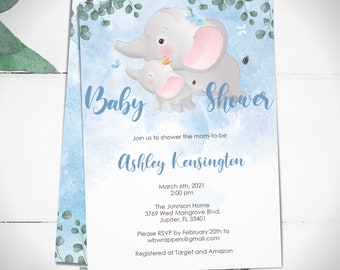 May include: A blue and white baby shower invitation with a watercolor background and two gray elephants. The text reads "Baby Shower" and includes the date, time, location, and RSVP information.