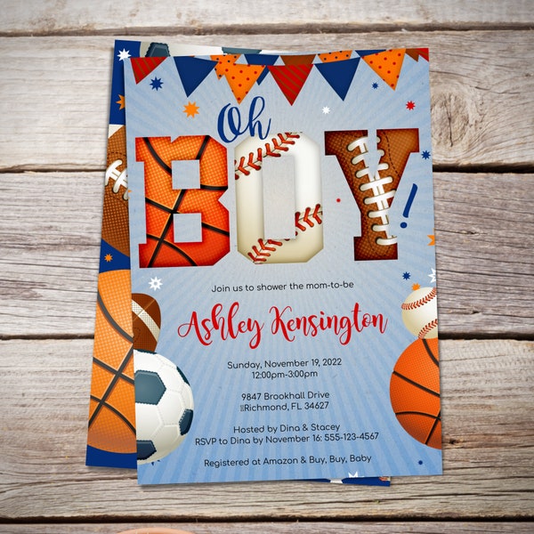 Sports Baby Shower Invitation | Sports Theme Invite | Sports Themed Baby Shower | Boy Baby Shower | Instant Download - B012