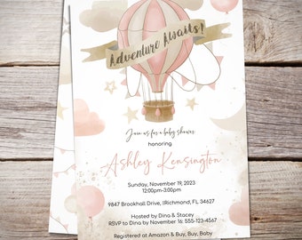 Adventure Awaits, Hot Air Balloon Adventure Baby Shower Invitation for Girl - Instant Download