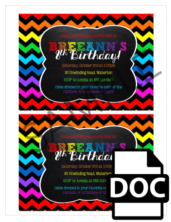 rainbow chevron party invitation template rainbow chalkboard invite any occasion word doc template diy you create party invitation templates microsoft word