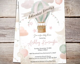 Hot Air Balloon Adventure Baby Shower Invitation, Sage and Pink, Adventure Awaits, Girl Adventure Baby Shower Theme, Instant Download