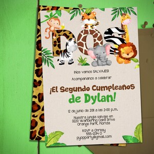 May include: A jungle-themed birthday invitation with a brown background and green leaves. The invitation features the word "DOS" in large letters with a zebra, giraffe, monkey, lion, and elephant surrounding the letters. The text reads "¡Nos vamos SALVAJES! Acompananos a celebrar ¡El Segundo Cumpleaños de Dylan! 12 de junio de 2011 a las 2:00 p.m. Nuestra jungla salvaje en 3220 Wandering Oaks Drive Orange Park, Florida RSVP a Chrissy 555-1234 0 pyopparty@gmail.com"
