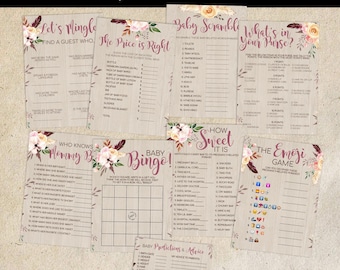 Boho Floral Baby Shower Games - 8 Printable Games + Advice Card - Bingo, The Price is Right, Scramble, What's in Your Purse, Emoji Game