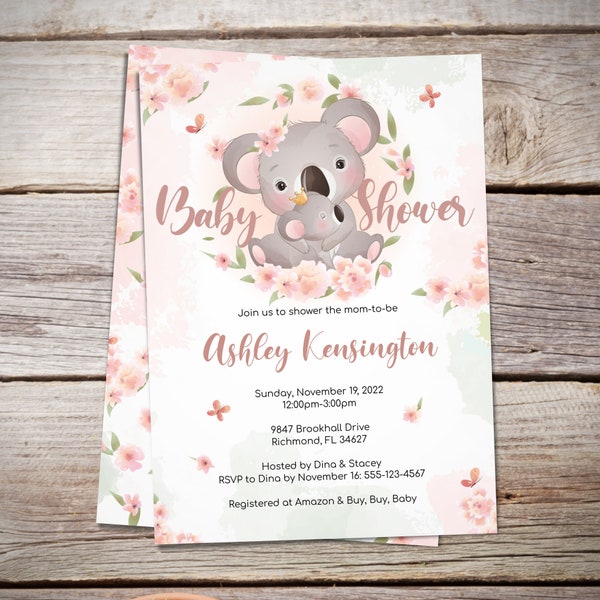 Koala Invitation, Koala Baby Shower Invite, Baby Shower Invitation Girl | PDF Template | DIY