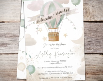 Hot Air Balloon Adventure Baby Shower Invitation, Adventure Awaits, Adventure Baby Shower Theme, Gender Neutral - Instant Download