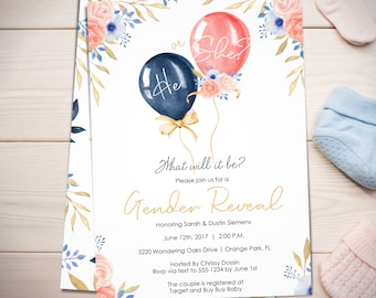 Gender Reveal Invitation for Gender Reveal Party, Boho Theme w/ Balloon, Template