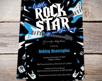 Little Rock Star Baby Shower Invitation, Guitar Invite, Blue and Black, Instant Download