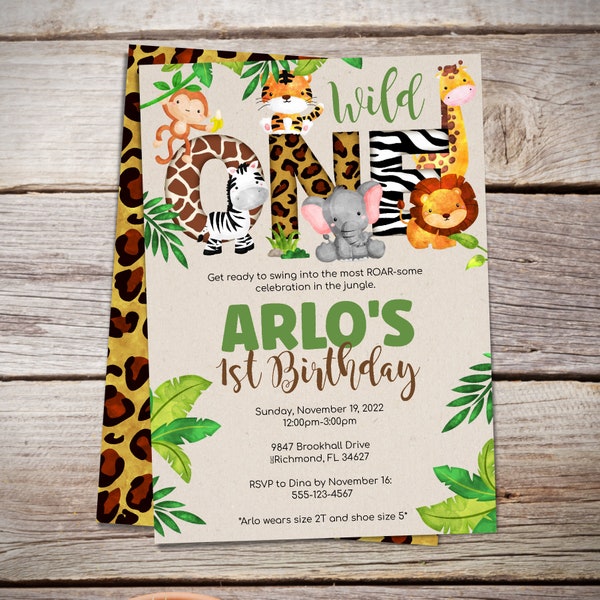 Safari Invitation, Wild ONE, Wild one Birthday Jungle Invitation - 1st birthday digital invitations