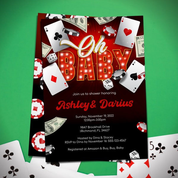 Casino invitation, Casino Theme Baby Shower, Poker Party, Casino Theme Invitations for Baby Shower | Digital Instant Download - B012