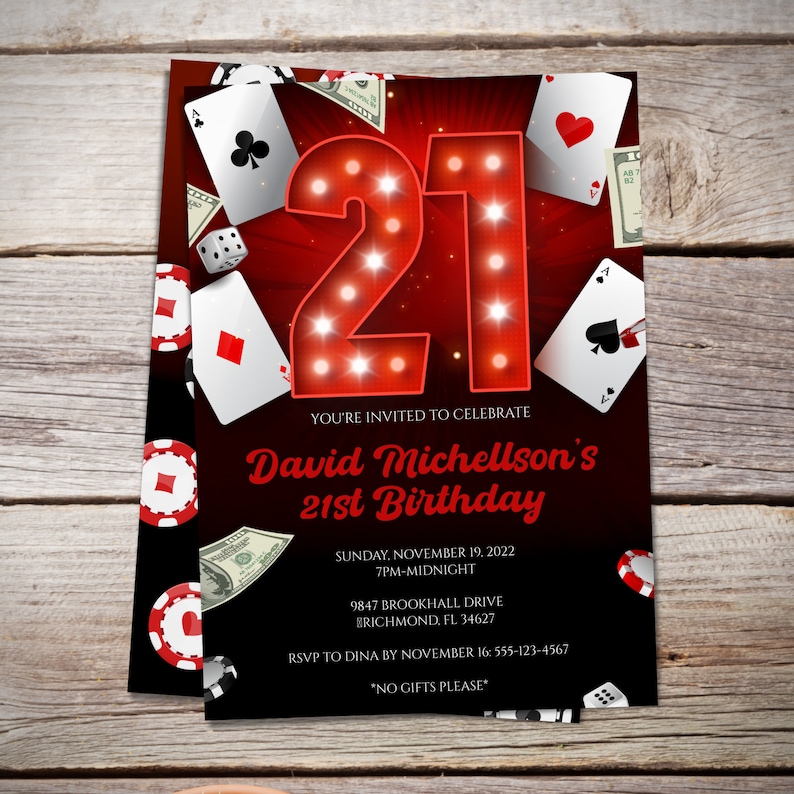21st Birthday Invitations for Him Casino Theme - flat lay