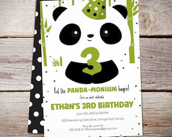 May include: A white and black panda bear wearing a green party hat holds a green number 3. The panda is surrounded by green bamboo stalks and black stars on a white background. The text "Let the Panda-monium begin!" is at the top of the invitation. The text "Ethan's 3rd Birthday" is in large letters below the panda. The invitation includes the date, time, and location of the party, as well as RSVP information.