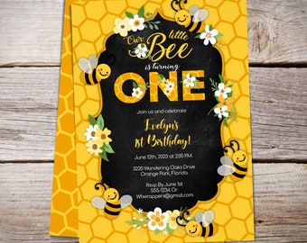 Bee 1st Birthday Party Invitation Template - Bee Day Invites - ONE - Bee Themed- First Birthday-  Buzz On Over - Instant Download