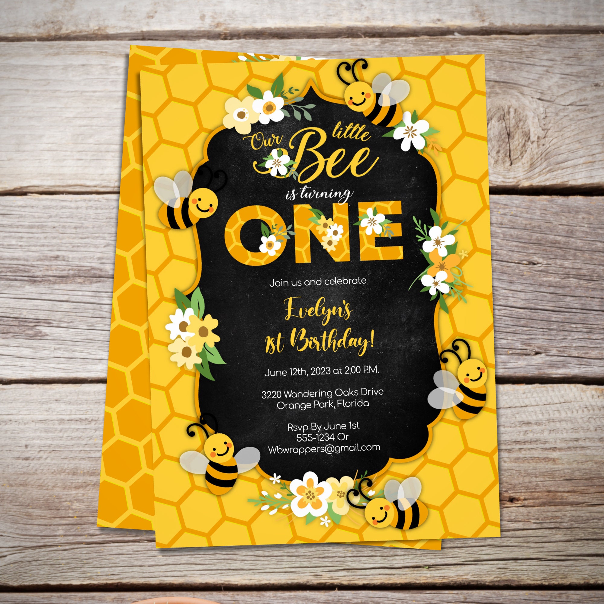 Bee 1st Birthday Party Invitation Template - Bee Day Invites - ONE ...