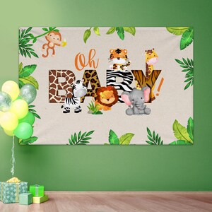 May include: A beige backdrop with green leaves and animal illustrations. The text "Oh Baby!" is written in orange letters with a giraffe, zebra, lion, tiger, and elephant.