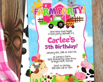 Invitación a Girl Farm - Plantilla de invitación a fiesta de cumpleaños de Pink Farm - Hazlo tú mismo - ¡Crea hoy!