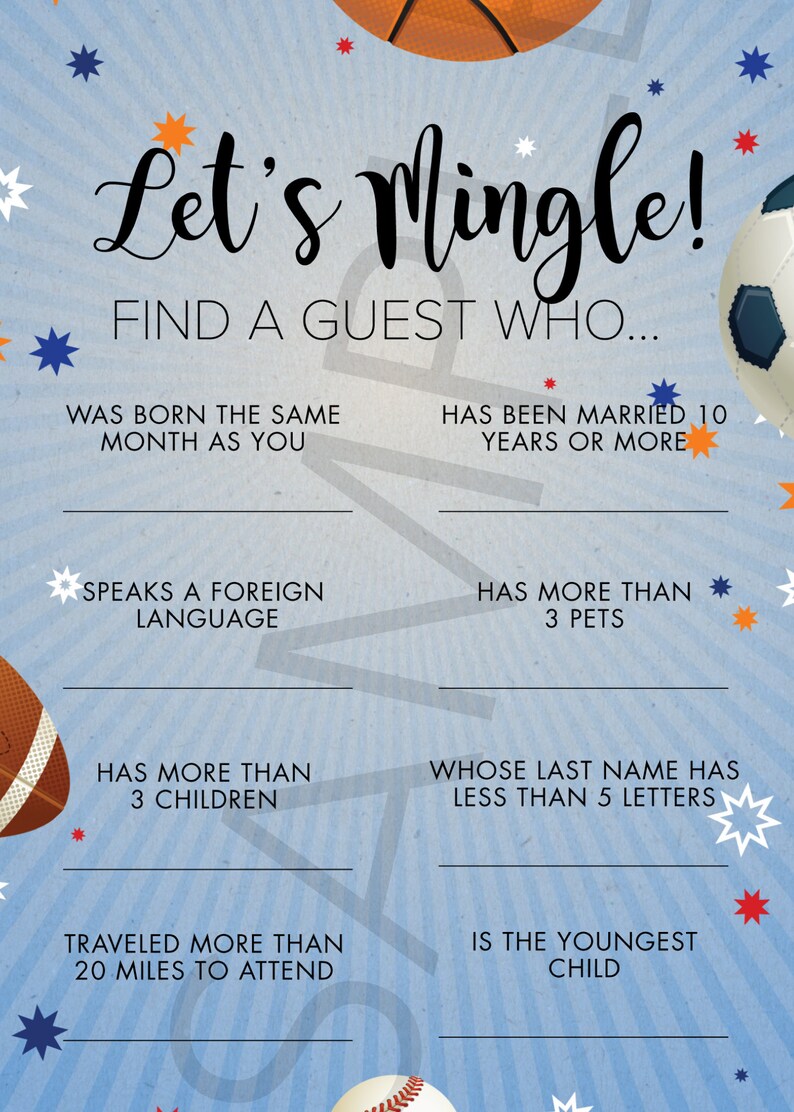 May include: A blue and white game card with the text "Let's Mingle! Find a guest who..." and a list of questions to ask guests at a party. The card is decorated with stars and sports balls.