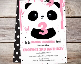 Panda Birthday Invitation for Girls, any age, Black, White, Pink, Girly Panda Party Text Message Invite
