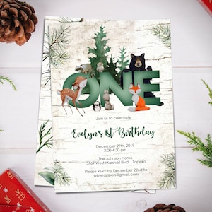 Winter Woodland 1st Birthday Party Invitation Template with Forest Animals - "ONE"  First Birthday Invitation as PDF Template - DIY