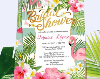 Pink Flamingo Shower Invitations, Flamingo invitation, Tropical bridal shower invitation - PDF Template - DIY - Create today!