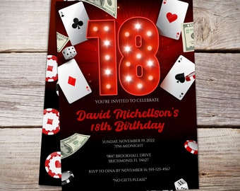18th Birthday Casino Invitation, Eighteen Year Old Invite For Him, Casino Theme, Poker Party, Casino Theme | Instant Download - BI003
