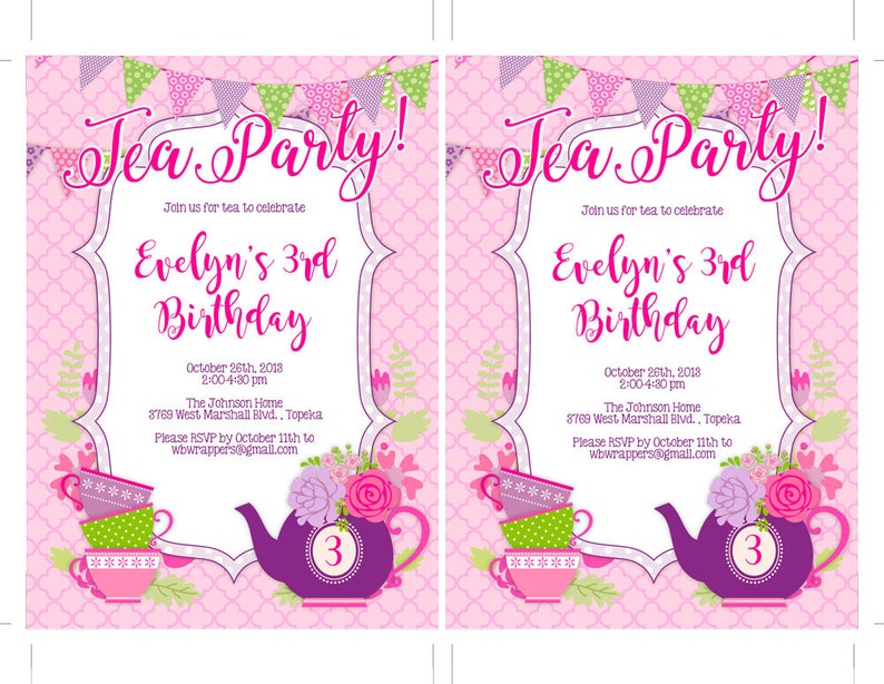 Peut inclure: Une invitation &agrave; un go&ucirc;ter sur le th&egrave;me du th&eacute; rose avec une th&eacute;i&egrave;re violette et des tasses &agrave; th&eacute;. L'invitation indique "Tea Party!" et "Evelyn's 3rd Birthday". Le go&ucirc;ter aura lieu le 26 octobre 2018 de 14h00 &agrave; 16h30 &agrave; The Johnson Home, 3789 West Marshall Blvd., Topeka. Veuillez confirmer votre pr&eacute;sence avant le 11 octobre &agrave; wbwrappers@gmail.com.
