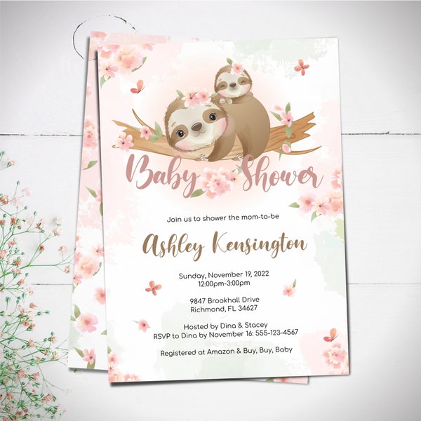 Invitación de baby shower de perezoso para una niña - Plantilla de descarga instantánea - descarga instantánea