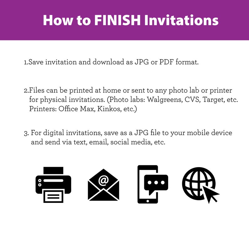 May include: A purple and white graphic with the text "How to FINISH Invitations" and instructions on how to save, print, and send invitations. The graphic includes icons for a printer, email, text message, and a globe with a cursor.