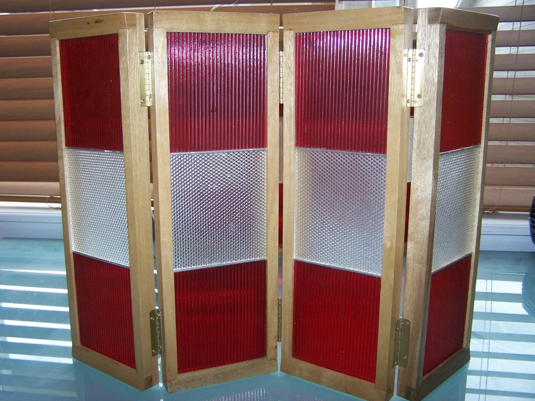 Stained Glass Table Top Folding Screen Ruby, Amber, Plum, Cobalt Blue