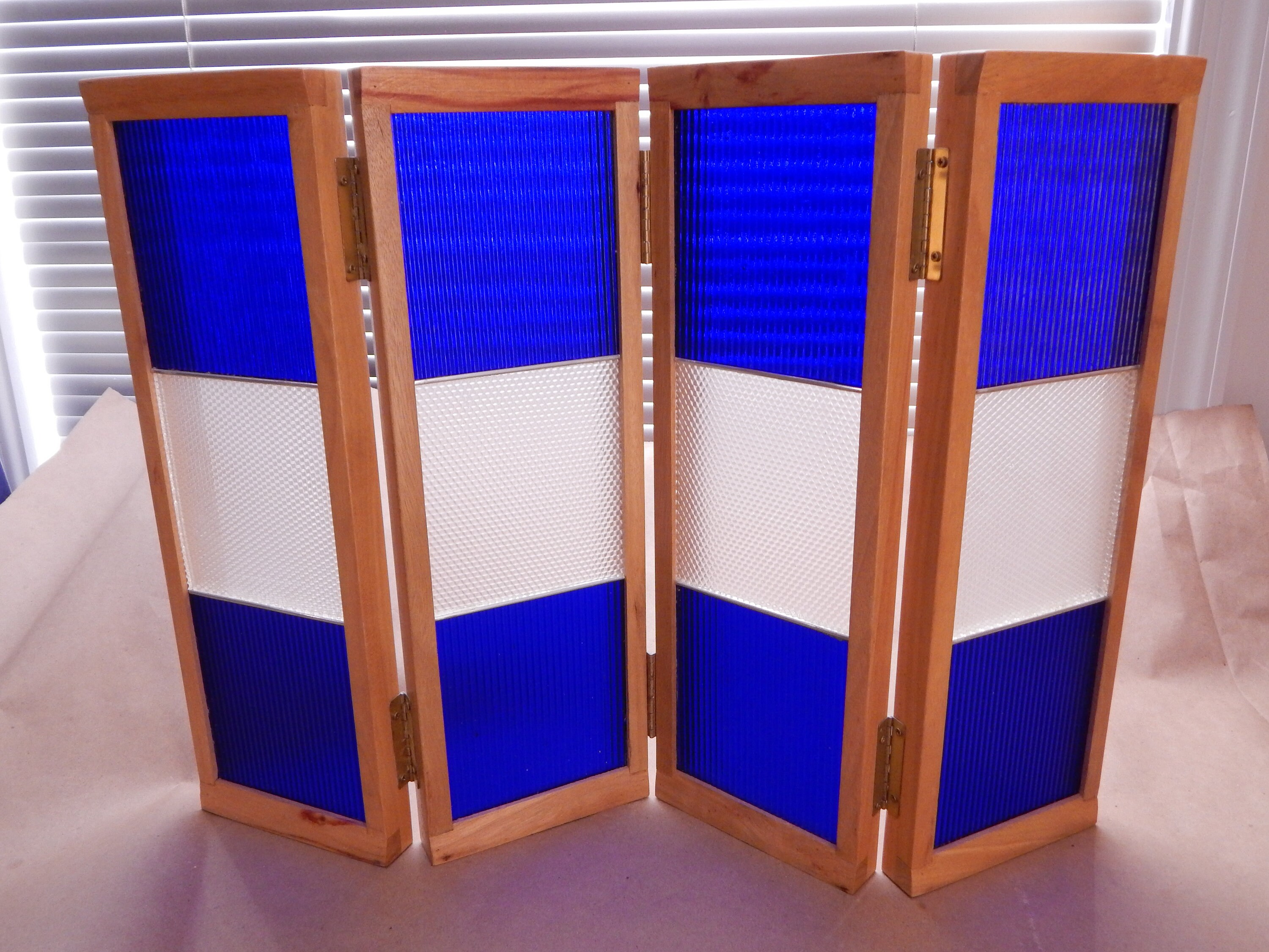 Stained Glass Table Top Folding Screen Ruby, Amber, Plum, Cobalt Blue