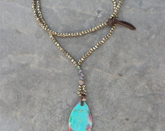 Lariat necklace. Boho necklace. Beaded lariat necklace. Pyrite necklace. Turquoise necklace. Bohemian necklace. Turquoise lariat necklace.