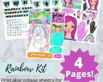 Rainbow printable, girl journal printable, collage sheet printable, journal dates printable, planner printable, month printable, journaling