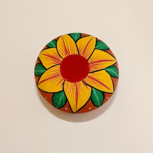 Vintage Hand Painted, Colorful Sunflower Clay Trinket dish, Talavera, Red Clay Mexican Handmade